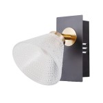 Kinkiet Orella w kolorze czarnym i złotym z kloszem z przezroczystego, fakturowanego szkła. Ujęcie z boku, montowany na ścianie, z widocznym okrągłym mocowaniem. Idealny do nowoczesnych wnętrz.