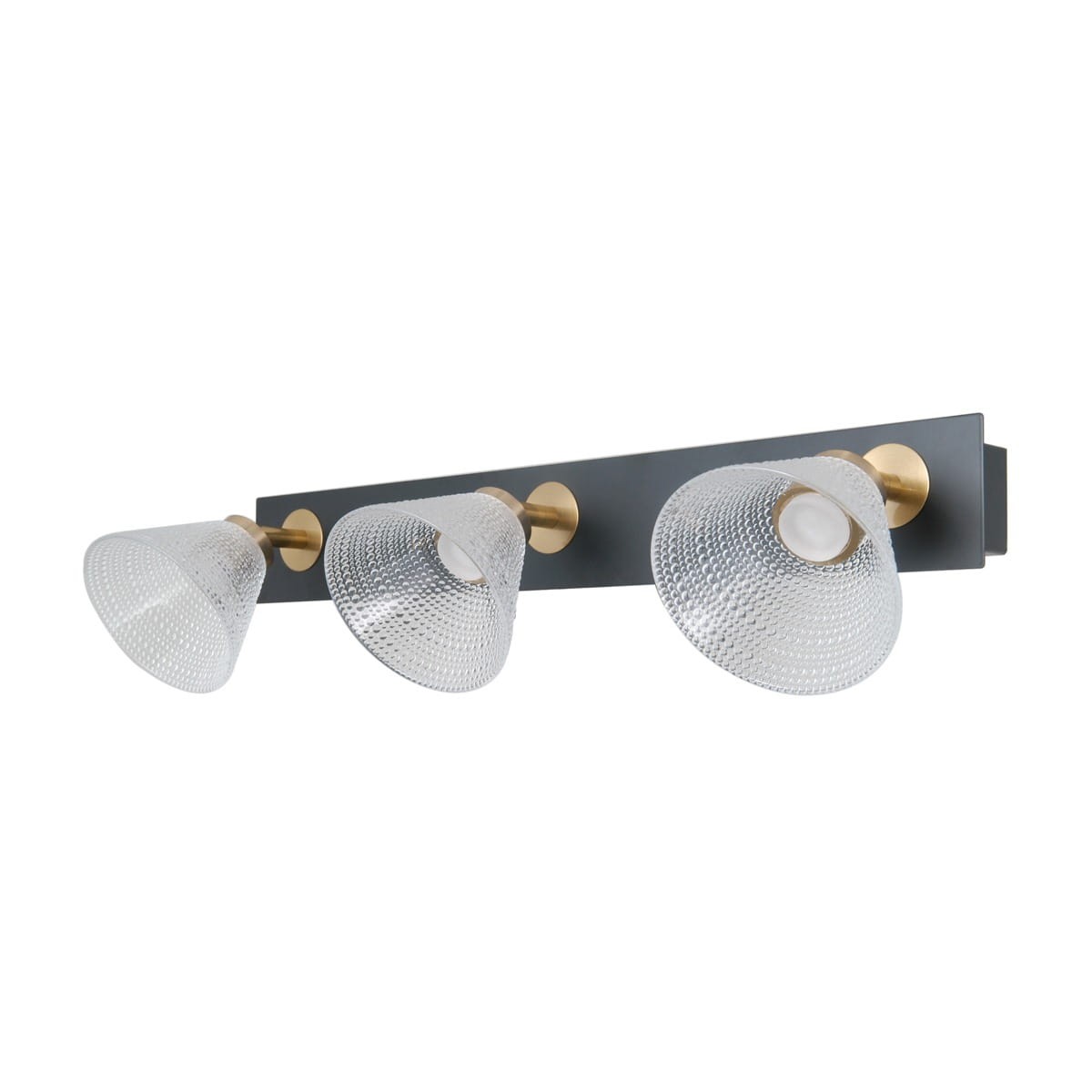 Kinkiet Orella z trzema reflektorami LED 12W w kolorze czarnym i złotym. Szklane klosze o teksturowanej powierzchni, zamontowane na prostokątnej, ciemnej podstawie. Reflektory ustawione w linii, skierowane w różne strony.