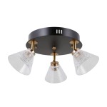 Lampa sufitowa Orella 3xLED 12W w kolorze czarnym i złotym, z trzema kloszami w kształcie stożków z przezroczystego szkła z fakturą. Ujęcie z dołu, widoczna okrągła podsufitka. Klosze zamocowane na złotych uchwytach.
