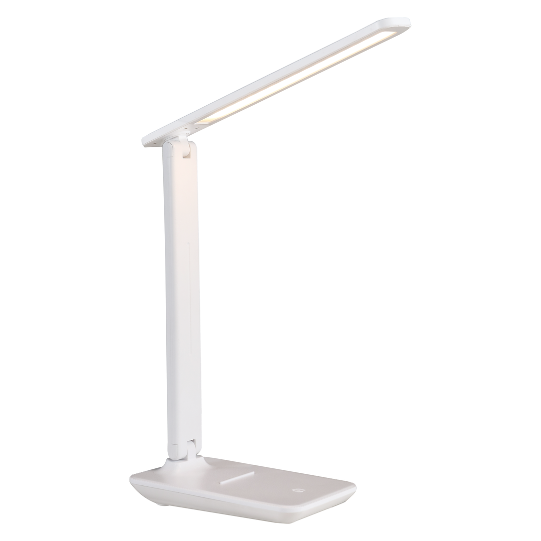 Biurkowa lampa LED 5W CCT w kolorze białym, z prostą, regulowaną nogą i płaską podstawą. Ujęcie z boku, ukazujące długi, wąski klosz. Lampa idealna do pracy biurowej lub nauki, z nowoczesnym designem.
