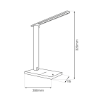 Lampa biurkowa LED 5W w kolorze białym, z prostokątną podstawą o wymiarach 280 mm x 115 mm i wysokości 320 mm. Uchwyt o cylindrycznym kształcie z poziomym ramieniem, zapewniający równomierne oświetlenie. Idealna do biura lub nauki.