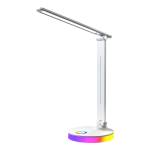 Lampa biurkowa LED Bruno o mocy 5W, z białym korpusem i regulowanym ramieniem. Posiada okrągłą podstawę z wielokolorowym podświetleniem RGB, co umożliwia zmianę kolorów. Ujęcie z boku, ukazuje funkcjonalny design.