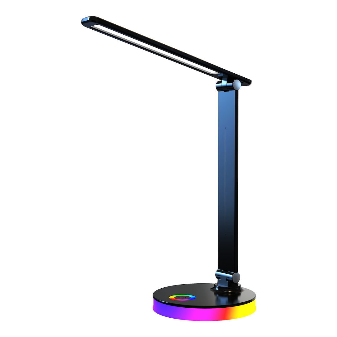 Czarna lampa biurkowa LED Bruno, 5W, z regulowanym ramieniem. Podstawa okrągła z kolorowym podświetleniem RGB. Górna część z wąskim kloszem LED, ustawiona w pionie. Idealna do biura lub nauki.
