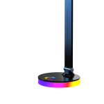 Czarna lampa biurkowa LED Bruno o mocy 5W z funkcją CCT i RGB. Posiada okrągłą podstawę z kolorowym podświetleniem oraz smukły, prostokątny korpus. Ujęcie z boku, ukazujące detale lampy.