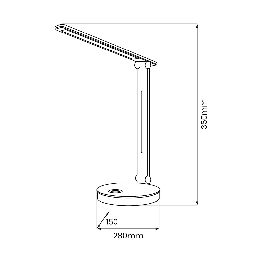 Lampa biurkowa LED Bruno 5W CCT+RGB w kolorze czarnym. Posiada prostą, cylindryczną podstawę o średnicy 150 mm oraz wysięgnik o wysokości 350 mm. Umożliwia regulację barwy światła.