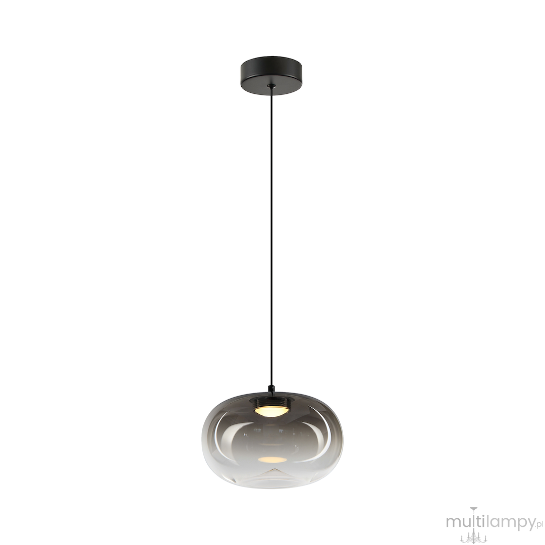 Lampa wisząca LED Vaso 1 l z dymionym kloszem, czarna oprawa, moc 4W, barwa światła 3000K. Produkt zwisa na cienkim przewodzie z sufitu, prezentując nowoczesny design i elegancki kształt o zaokrąglonym kształcie.