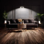 Lampa wisząca LED Vaso 1 l 4W 3000K w kolorze czarnym z dymionym kloszem, zawieszona nad czarną sofą. W tle ciemne ściany oraz rośliny w doniczkach, stół z plecionki z dekoracjami. Oświetlenie tworzy przytulną atmosferę.