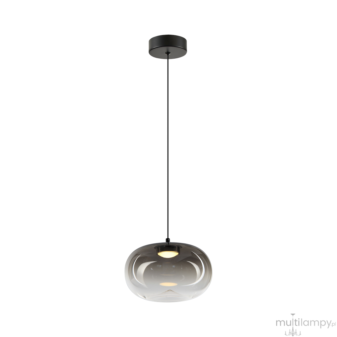 Lampa wisząca LED Vaso o mocy 4W i ciepłej barwie światła 3000K. Czarna podsufitka z długim zwisem. Klosz w dymionym szkle, o okrągłym kształcie, z widocznym źródłem światła. Idealna do nowoczesnych wnętrz.