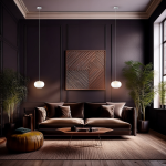 Lampa wisząca LED Vaso 1 l, 4W, 3000K, biała, zawieszona na cienkim przewodzie w nowoczesnym wnętrzu. Obok kanapa w odcieniach brązu, okrągła poduszka w kolorze zielonym i rośliny w doniczkach. Tło w ciemnym kolorze z dekoracyjną płaskorzeźbą.