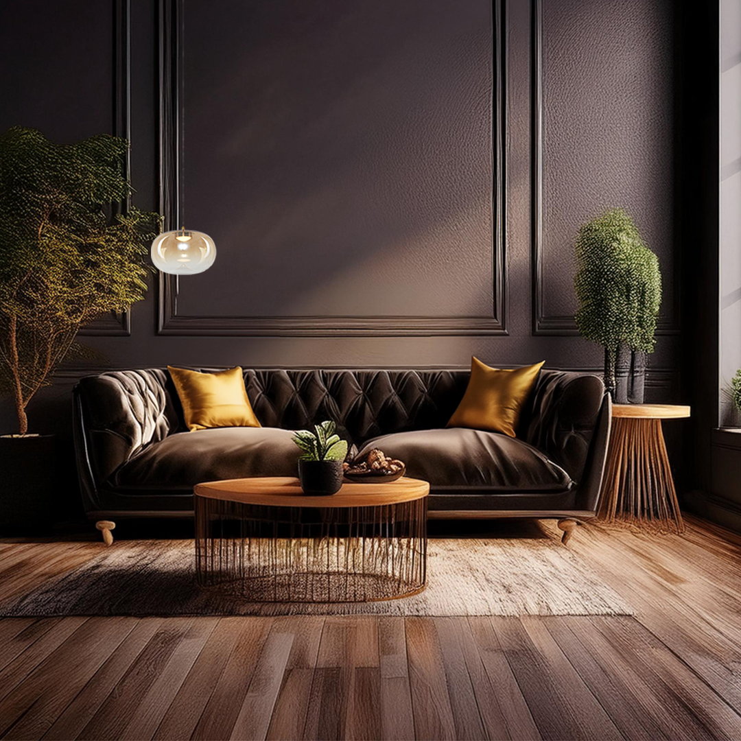 Lampa wisząca LED Vaso 1 l, 4W, 3000K, w kolorze złotym z bursztynowym kloszem, zawieszona nad elegancką kanapą w ciemnym wnętrzu, otoczona roślinami i drewnianymi meblami.