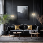 Lampa wisząca LED Vaso 1 l, 4W, 3000K w kolorze złotym i bursztynowym. Zawieszona nad czarną sofą, w nowoczesnym wnętrzu z dekoracjami roślinnymi i obrazem na ścianie. Kąt ujęcia frontalny, ukazujący elegancki design i ciepłe oświetlenie.