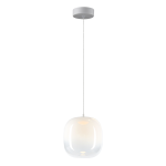 Lampa wisząca LED Vaso 2 l z białym, szklanym kloszem o zaokrąglonym kształcie, zawieszona na cienkim przewodzie. Źródło światła o mocy 4W, temperatura barwowa 3000K, montaż sufitowy. Tło proste i jasne.