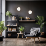 Lampa wisząca LED Vaso 2 l o mocy 4W i barwie 3000K, w białym, szklanym kloszu, zawieszona w nowoczesnym wnętrzu z ciemną ścianą. W tle półka z roślinami, książkami oraz wygodny fotel z poduszką.
