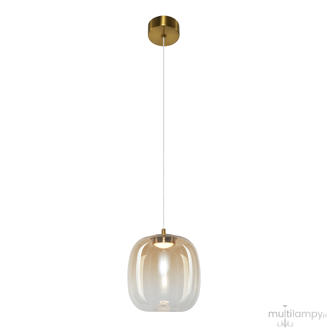 Lampa wisząca Vaso 2 l z przezroczystym kloszem w bursztynowym odcieniu, zawieszona na cienkim, białym przewodzie. Górna część w kolorze złotym, emitująca ciepłe światło 3000K. Kształt klosza lekko zaokrąglony, nowoczesny design.