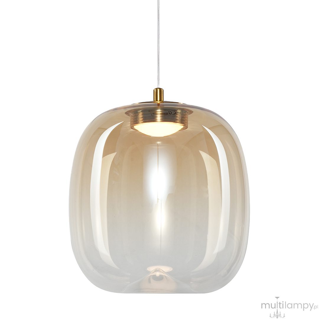 Lampa wisząca Vaso 2 l z bursztynowym, przezroczystym kloszem i złotym mocowaniem. Oświetlenie LED 4W, temperatura barwowa 3000K. Produkt zawieszony na cienkim przewodzie, w kształcie lekko zaokrąglonego prostokąta.