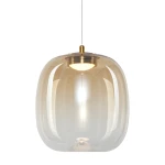 Lampa wisząca Vaso 2 l z bursztynowym, przezroczystym kloszem i złotym mocowaniem. Oświetlenie LED 4W, temperatura barwowa 3000K. Produkt zawieszony na cienkim przewodzie, w kształcie lekko zaokrąglonego prostokąta.