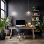 Lampa wisząca LED Vaso 2 l o mocy 4W i barwie 3000K w kolorze złotym i bursztynowym, zawieszona nad drewnianym biurkiem w nowoczesnym wnętrzu, z roślinnością i komputerem w tle.