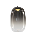 Lampa wisząca Vaso 3, LED 4W, 3000K, w kolorze czarnym z dymionym kloszem. Owalny kształt z transparentnym przejściem, zawieszona na cienkim przewodzie. U góry widoczna oprawka z żarówką, idealna do nowoczesnych wnętrz.