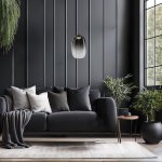 Lampa wisząca LED Vaso 3 l, 4W, 3000K, w kolorze czarnym z dymionym kloszem, zawieszona nad ciemnoszarym sofą z poduszkami. W tle czarne panele ścienne i okno z widokiem na zieleń.