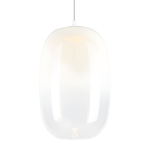 Lampa wisząca Vaso 3 o białej, przezroczystej obudowie, w kształcie owalnym, zawieszona na cienkim przewodzie. Emituje ciepłe światło 3000K. Widoczny detal: źródło LED o mocy 4W.