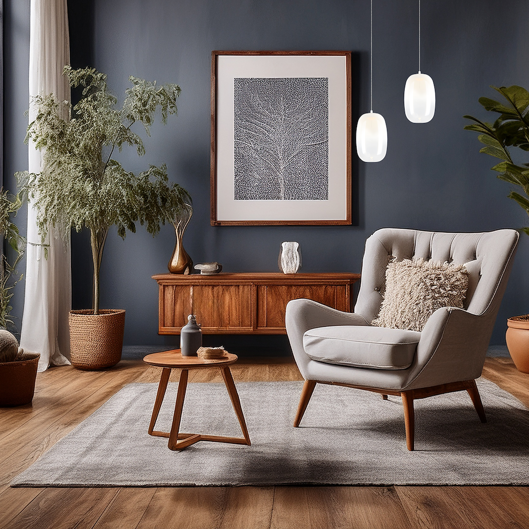 Lampa wisząca LED Vaso 3 l z białym kloszem, zawieszona na cienkich linkach, w otoczeniu nowoczesnego salonu z szarym dywanem, drewnianą komodą i roślinnością. Ciepłe światło 3000K podkreśla elegancki wystrój wnętrza.