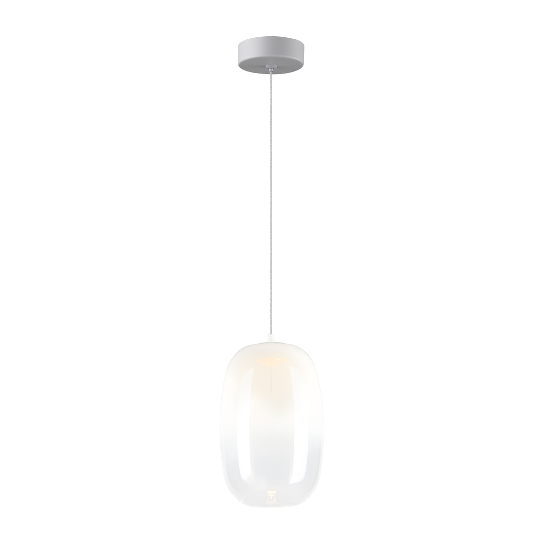 Lampa wisząca LED Vaso 3 l o mocy 4W, barwa światła 3000K, w białym kolorze. Owalny klosz z przezroczystego materiału zawieszony na cienkim przewodzie, montowany do sufitu za pomocą okrągłej podstawy.