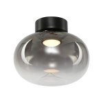 Lampa sufitowa LED Vaso o mocy 4W, w kolorze czarnym z dymionym kloszem. Okrągły kształt, zawieszona na czarnej podstawie. Źródło światła w kolorze 3000K, tworzy przytulną atmosferę. Ujęcie z dołu, ukazujące szczegóły klosza.