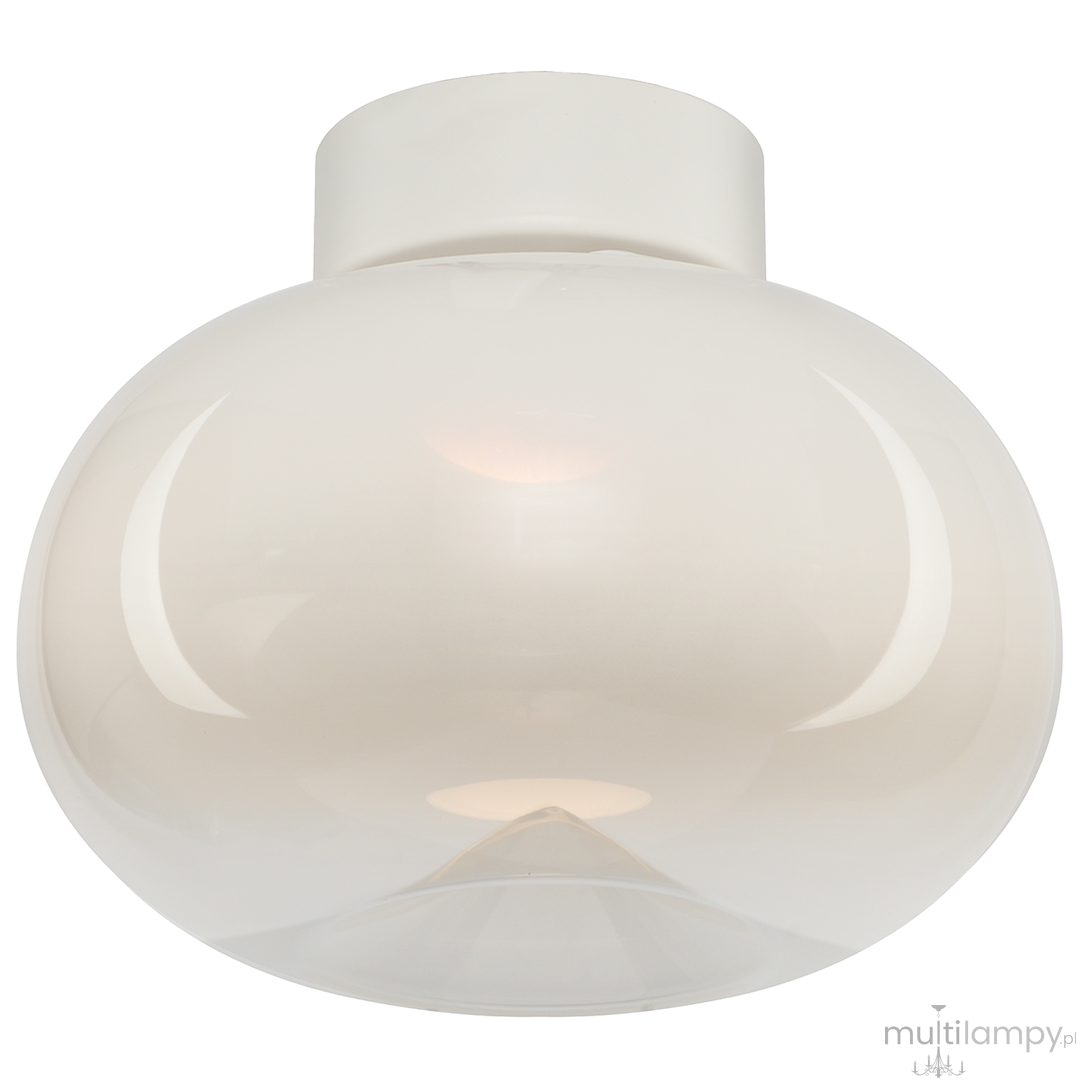 Lampa sufitowa LED Vaso o mocy 4W, kolor biały. Owalny klosz z przezroczystego szkła, z białym mocowaniem. Ujęcie frontalne, lampa w pozycji wiszącej, emitująca ciepłe światło o temperaturze 3000K. Idealna do nowoczesnych wnętrz.
