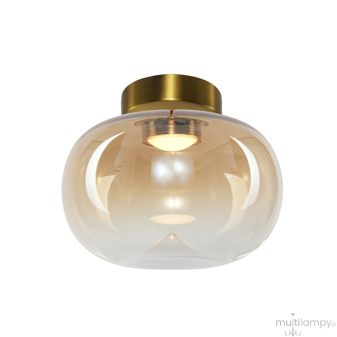 Lampa sufitowa LED Vaso 4W 3000K w złotej oprawie, z bursztynowym, przezroczystym kloszem o zaokrąglonym kształcie. Widoczna żarówka LED w centrum. Montowana do sufitu, zdjęcie z perspektywy frontalnej.