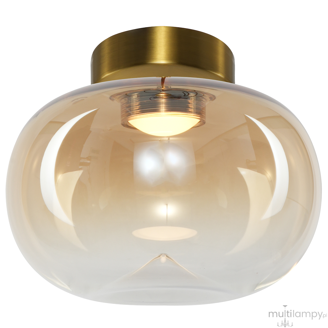 Lampa sufitowa LED 4W w kolorze złotym z bursztynowym kloszem. Okrągły kształt, matowe wykończenie, zamontowana na suficie. Delikatne światło 3000K, tworzy ciepłą atmosferę. Wysoka jakość materiałów, nowoczesny design.