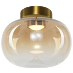 Lampa sufitowa LED 4W w kolorze złotym z bursztynowym kloszem. Okrągły kształt, matowe wykończenie, zamontowana na suficie. Delikatne światło 3000K, tworzy ciepłą atmosferę. Wysoka jakość materiałów, nowoczesny design.