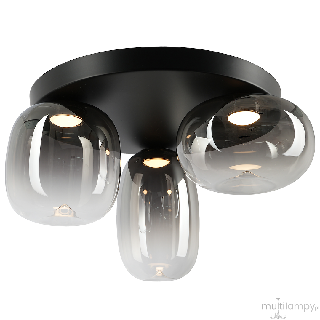 Lampa sufitowa LED 12W w kolorze czarnym z trzema dymionymi kloszami. Klosze mają owalny kształt, a ich górna część jest przezroczysta. Montaż na suficie, z widocznymi źródłami światła wewnątrz. Idealna do nowoczesnych wnętrz.