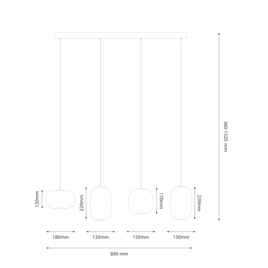 Lampa wisząca LED Vaso 15W w kolorze czarnym z dymionymi kloszami, z regulowaną wysokością 360-1520 mm. Cztery klosze o różnych wysokościach (130 mm, 150 mm, 170 mm, 220 mm) zawieszone na prostokątnej podsufitce.