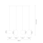 Lampa wisząca LED Vaso 15W w kolorze czarnym z dymionymi kloszami, z regulowaną wysokością 360-1520 mm. Cztery klosze o różnych wysokościach (130 mm, 150 mm, 170 mm, 220 mm) zawieszone na prostokątnej podsufitce.