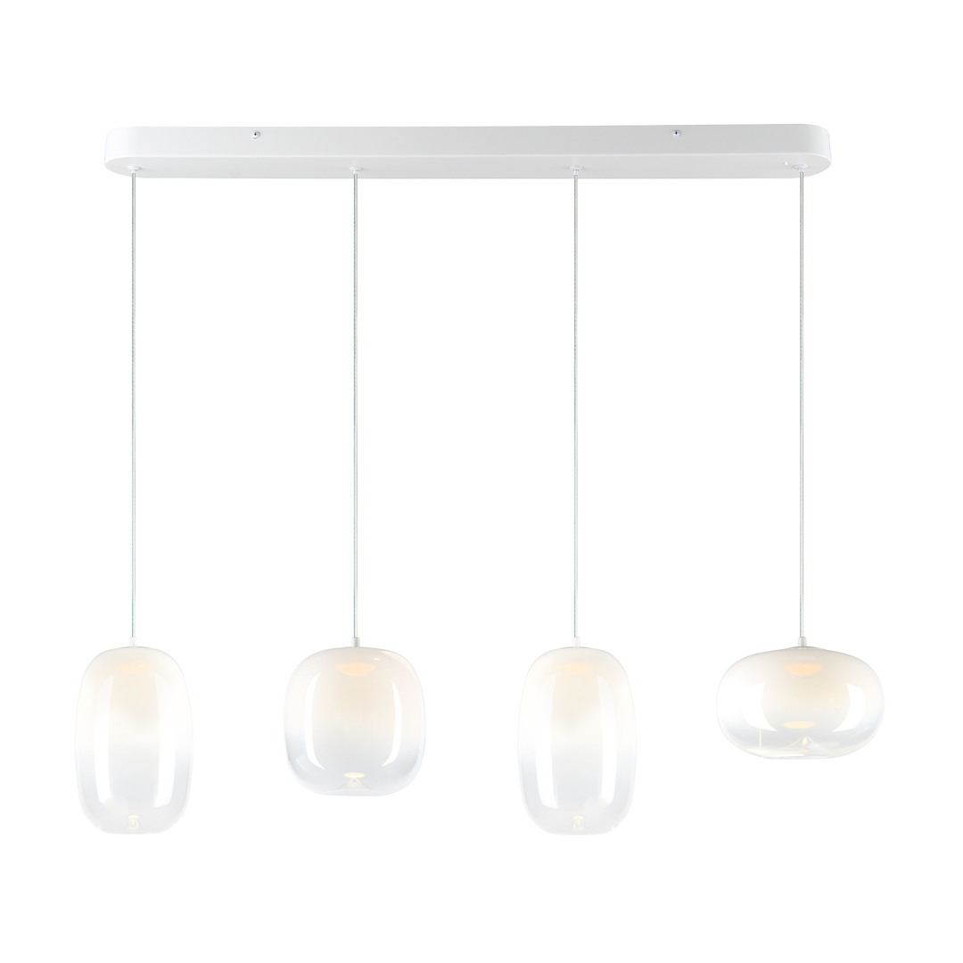 Lampa wisząca LED Vaso 15W 3000K w białym kolorze z czterema szklanymi kloszami o różnych kształtach, zawieszona na prostokątnej białej podstawie. Klosze emitują ciepłe światło, zawieszone na cienkich, białych linkach.