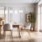Lampa wisząca LED Vaso o mocy 15W i temperaturze barwowej 3000K w kolorze białym, zawieszona na cienkich linkach. Wnętrze w jasnych odcieniach, z drewnianym stołem i nowoczesnymi, białymi krzesłami.