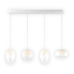 Lampa wisząca LED Vaso 15W 3000K w białej kolorystyce, składająca się z czterech szklanych kloszy o różnych kształtach, zawieszona na białym stelażu. Klosze emitują ciepłe, białe światło, zawieszone na cienkich linkach.