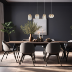 Lampa wisząca LED Vaso 15W 3000K w złotym i bursztynowym kolorze, zawieszona nad drewnianym stołem w nowoczesnej jadalni. W tle widoczne rośliny, świece i dekoracje, tworzące stylowy klimat.