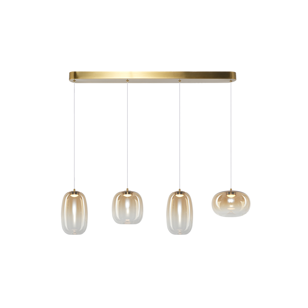 Lampa wisząca LED Vaso 15W 3000K w kolorze złotym i bursztynowym. Składa się z czterech szklanych kloszy o owalnym kształcie, zawieszonych na cienkich linkach, umieszczonych na prostokątnej, złotej podstawie.