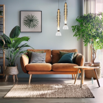 Lampa wisząca LED Lucco 18W 3000K w kolorze czarnym z dymionym kloszem, zawieszona nad brązową sofą. W tle zielone rośliny i obraz z liściem palmowym na jasnej ścianie. Wnętrze nowoczesne i stylowe.