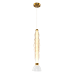 Lampa wisząca LED Lucco 18W w kolorze złotym i bursztynowym, o smukłej, falistej formie. Przezroczysta obudowa z matowym, białym zakończeniem. Zawieszona na cienkim przewodzie, montowana do sufitu. Emituje ciepłe światło o temperaturze 3000K.