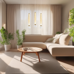 Lampa wisząca LED Lucco 18W 3000K w kolorze złotym i bursztynowym, zawieszona w trzech równych odstępach, z białymi kloszami, w jasnym wnętrzu z roślinami i jasną sofą w tle.