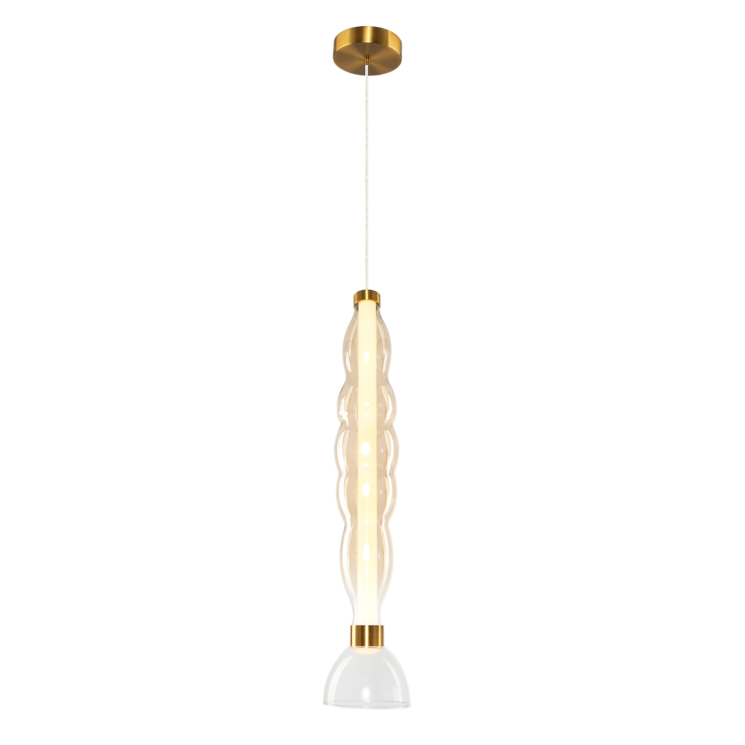 Lampa wisząca LED 18W w kolorze złotym z bursztynowym kloszem, o smukłym, falistym kształcie. Zawieszona na cienkim przewodzie, zakończona białą podstawą. Oświetlenie o ciepłej barwie 3000K, idealna do nowoczesnych wnętrz.