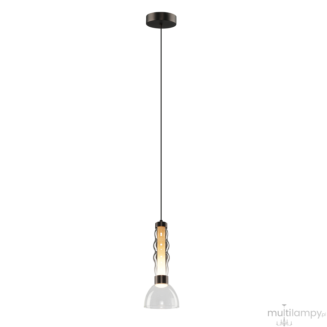 Czarna lampa wisząca LED Lucco 13W 3000K z dymionym kloszem, zawieszona na cienkim przewodzie. Okrągła podstawa i teksturowany, przezroczysty klosz podkreślają nowoczesny design. Idealna do aranżacji wnętrz.