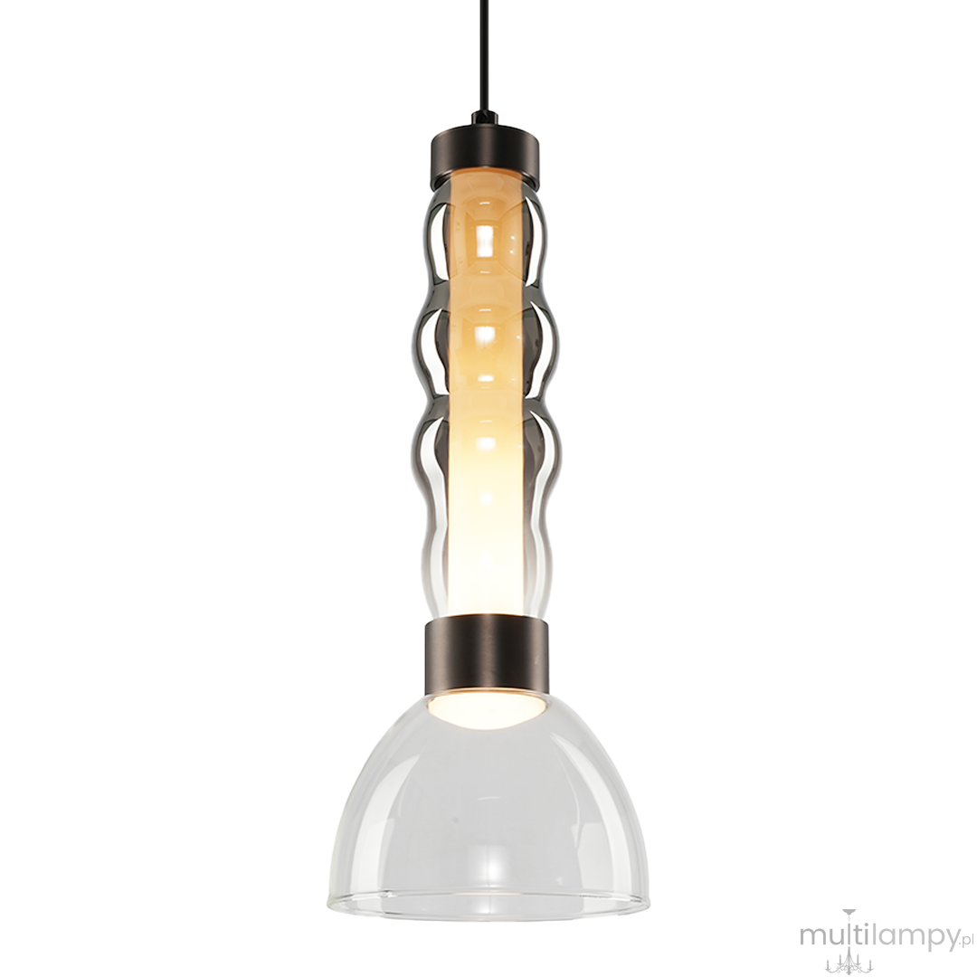 Lampa wisząca LED Lucco 13W 3000K w kolorze czarnym z dymionym kloszem. Okrągła, przezroczysta dolna część z metalowym uchwytem. Kształt falisty, z widoczną żarówką w środku. Zawieszona na cienkim przewodzie, idealna do nowoczesnych wnętrz.