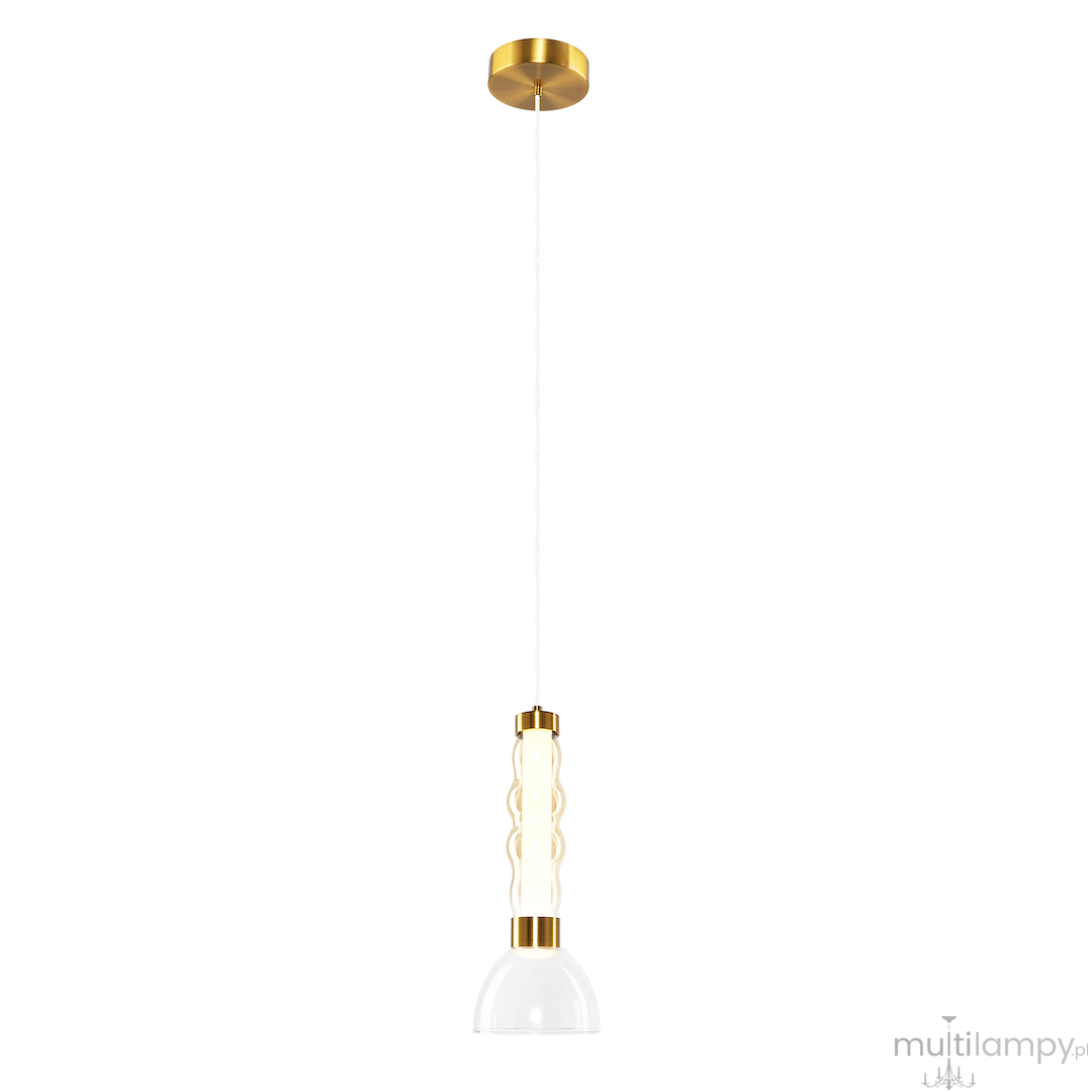Lampa wisząca LED Lucco 13W 3000K w kolorze złotym i bursztynowym, z białym kloszem w kształcie dzwonu. Ujęcie frontalne, zawieszona na białym przewodzie. Ozdobna, z wyraźnym akcentem złotych detali.