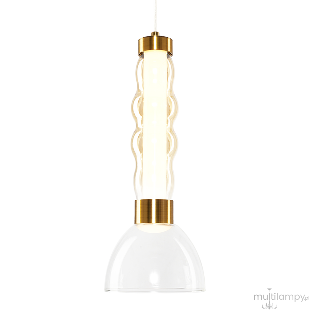 Lampa wisząca LED Lucco 13W 3000K w kolorze złotym i bursztynowym. Okrągła, przezroczysta podsufitka z metalowym mocowaniem. Kształt cylindryczny z falistym wzorem, emitująca ciepłe światło. Wisi na białym przewodzie.