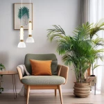 Lampa wisząca LED Lucco 13W 3000K w kolorze złotym i bursztynowym, z białymi kloszami, zawieszona nad zieloną roślinnością, w aranżacji z fotelem i stolikiem. Oświetlenie w nowoczesnym wnętrzu.