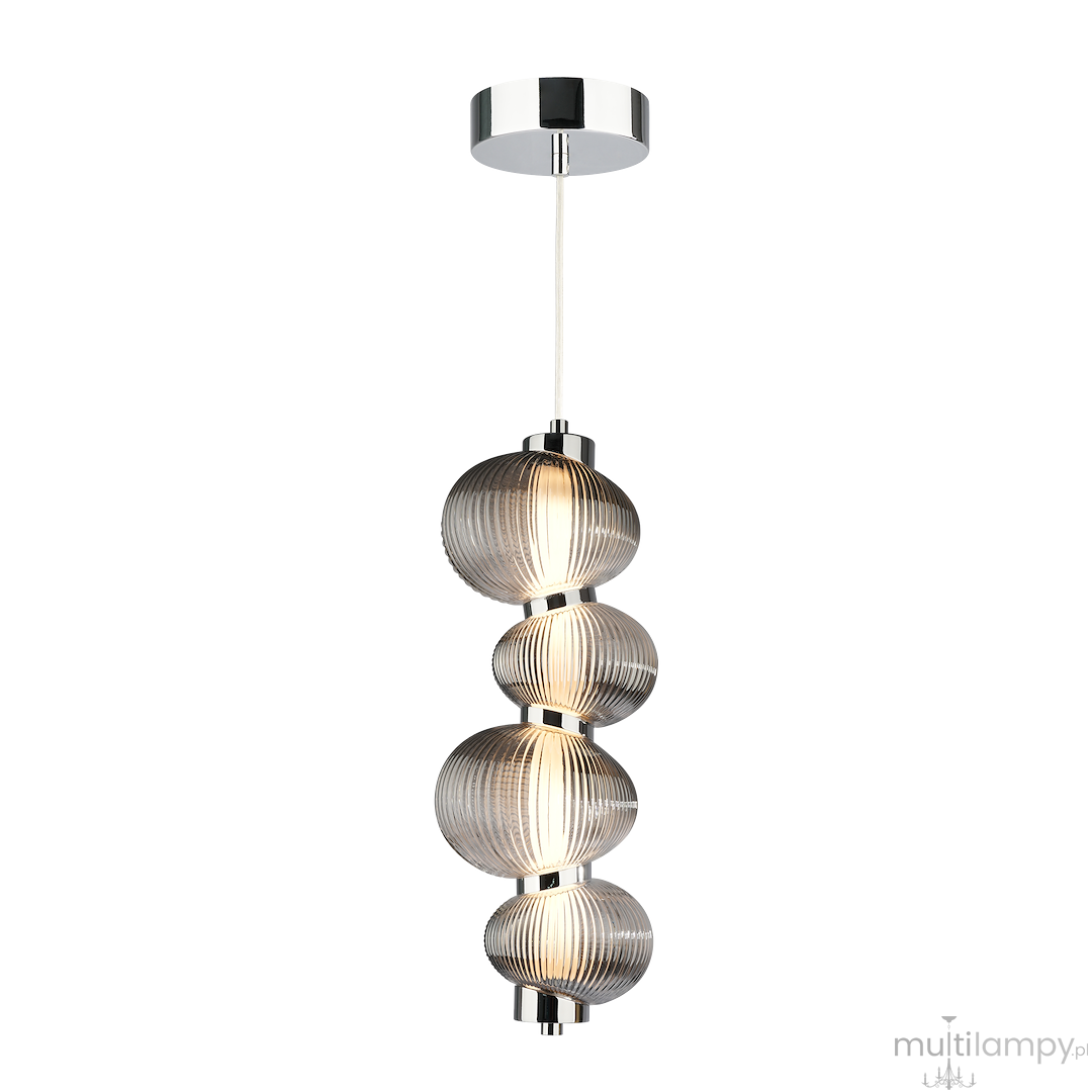 Lampa wisząca LED Bolla 17W 3000K w kolorze chromu z dymionymi kloszami. Posiada trzy okrągłe, żebrowane klosze na wiszącym przewodzie. Ujęcie frontalne, produkt zamontowany na sufitowym mocowaniu.