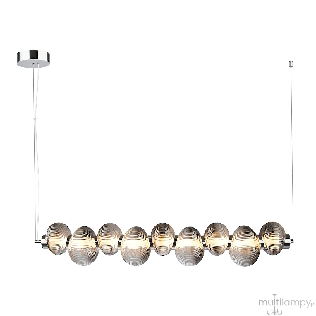 Lampa wisząca LED Bolla 32W 3000K w kolorze chromu z dymionymi kloszami. Ujęcie frontalne, lampa zawieszona na cienkim przewodzie, składająca się z sześciu kulistych kloszy o teksturowanej powierzchni. Prosta, nowoczesna forma.